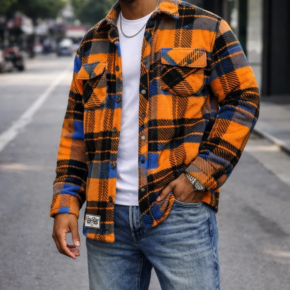 True Religion Orange & Blue Plaid Button-Front Shacket‎